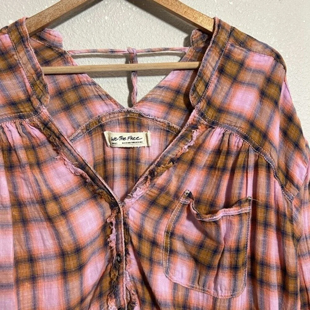 We The Free People One of the Boys Plaid Tunic Shirt S Pink Orange Boxy Popover - Picture 4 of 10